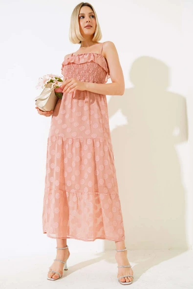 Askılı Gipeli Elbise Pudra ürün görseli 1