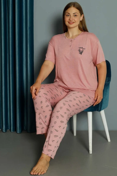 Yaka Nakışlı Büyük Beden Pijama Takımı Pudra