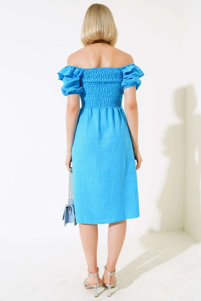 Kare Yaka Gipeli Elbise Mavi - Resim 3