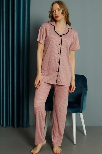 Mini Puantiyeli Kısa Kol Pijama Takımı Pudra - Resim 2