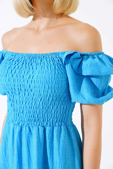 Kare Yaka Gipeli Elbise Mavi - Resim 4