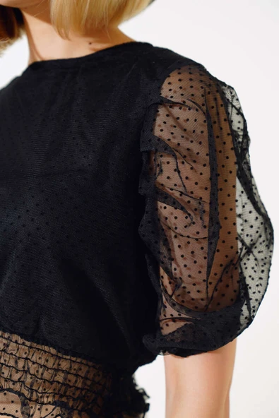 Beli Gipeli Tül Bluz Siyah - Resim 4