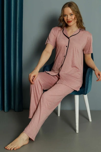 Mini Puantiyeli Kısa Kol Pijama Takımı Pudra