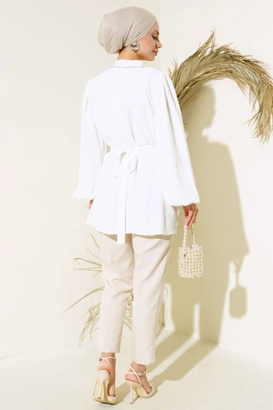 Balon Kol Saten Tunik Ekru - Resim 3