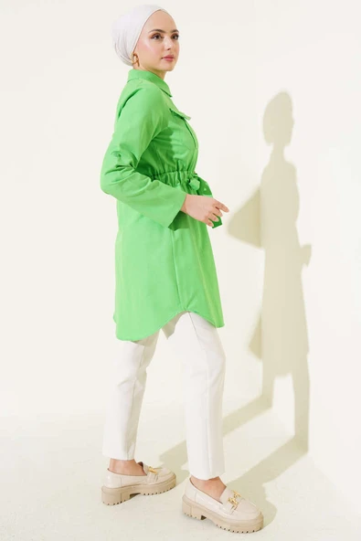 Çift Cepli Bel Lastikli Gömlek Yeşil - Resim 3