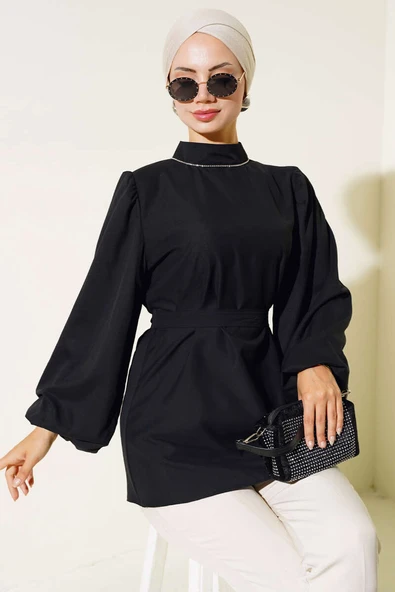 Balon Kol Saten Tunik Siyah ürün görseli