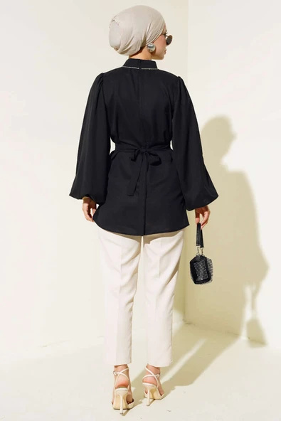 Balon Kol Saten Tunik Siyah - Resim 3