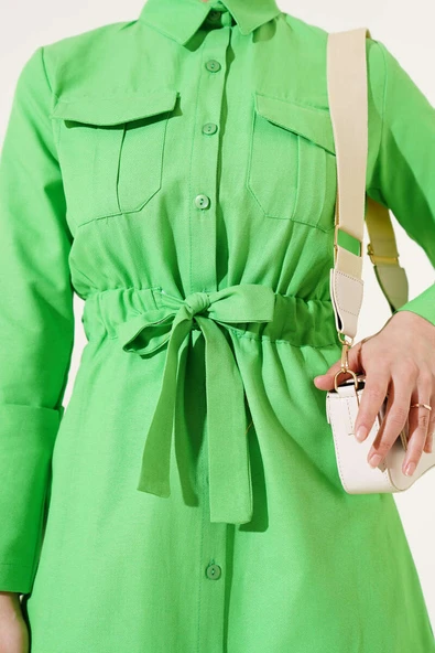 Çift Cepli Bel Lastikli Gömlek Yeşil - Resim 4