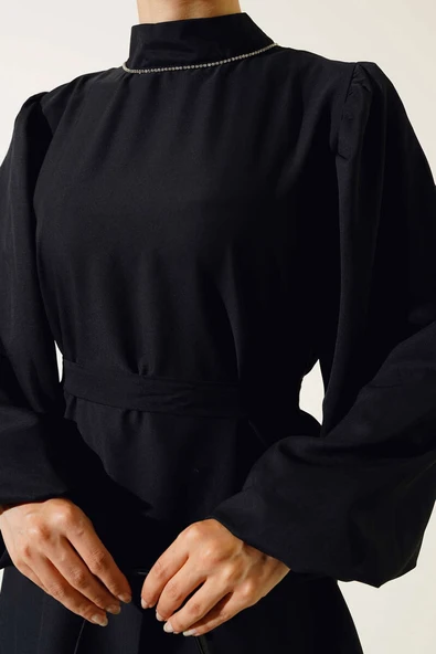 Balon Kol Saten Tunik Siyah - Resim 4