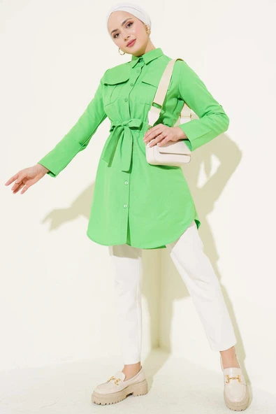 Çift Cepli Bel Lastikli Gömlek Yeşil - Resim 2