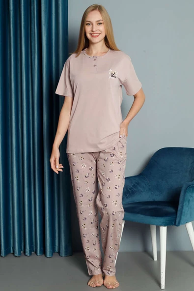 Çiçek Nakışlı Kısa Kol Pijama Takımı Pudra