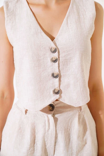 Şortlu Keten Takım Bej - Resim 4