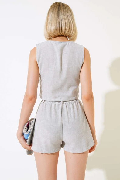Şortlu Keten Takım Gri - Resim 3