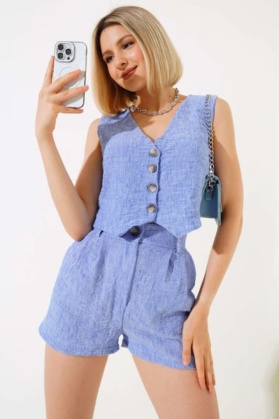 Şortlu Keten Takım Mavi ürün görseli 1
