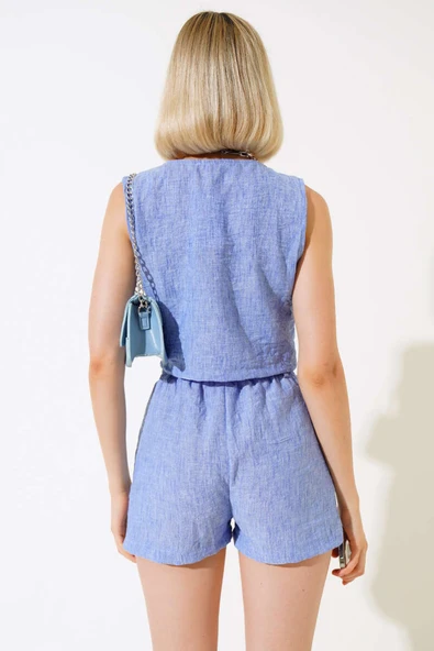 Şortlu Keten Takım Mavi - Resim 4