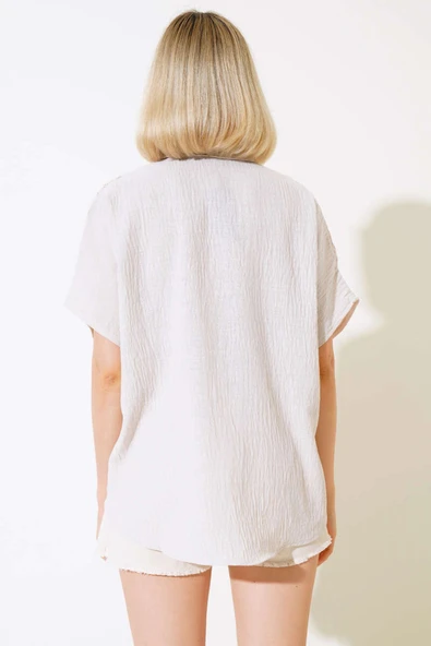 Güpürlü Keten Gömlek Bej - 3