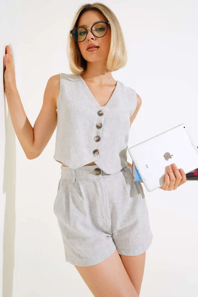Şortlu Keten Takım Gri - Resim 2