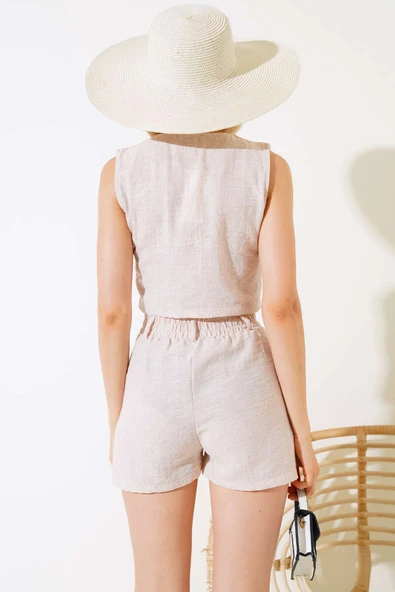 Şortlu Keten Takım Bej - Resim 3