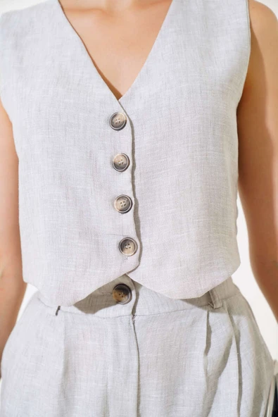 Şortlu Keten Takım Gri - Resim 4