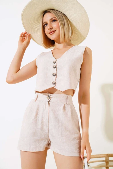 Şortlu Keten Takım Bej - Resim 2