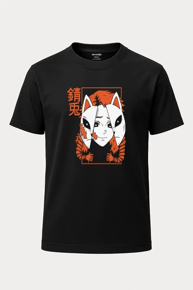 Sabito Demon Slayer Maske Baskılı Loose Fit Bisiklet Yaka Unisex Tişört Siyah