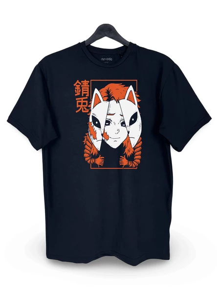 Sabito Demon Slayer Maske Baskılı Loose Fit Bisiklet Yaka Unisex Tişört Siyah