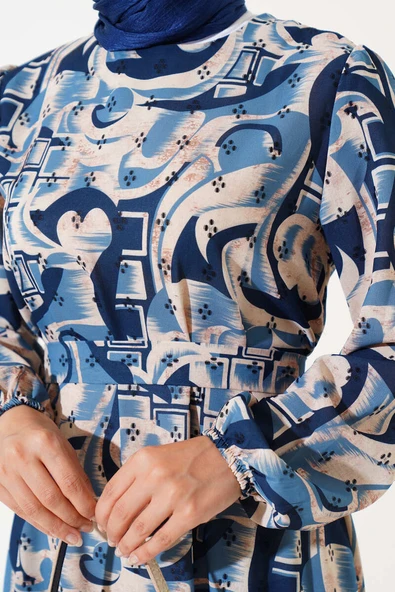 Karışık Desen Kuşaklı Elbise İndigo - Resim 4