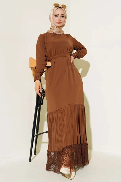 Etek Ucu Dantelli Elbise Kahve ürün görseli 1