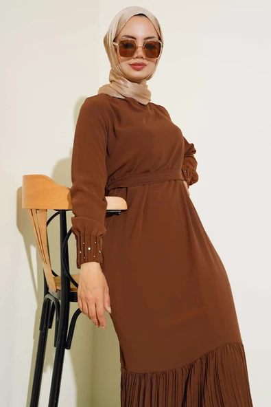 Etek Ucu Dantelli Elbise Kahve - Resim 2