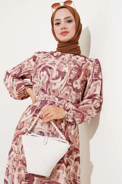 Karışık Desen Kuşaklı Elbise Taba - 2