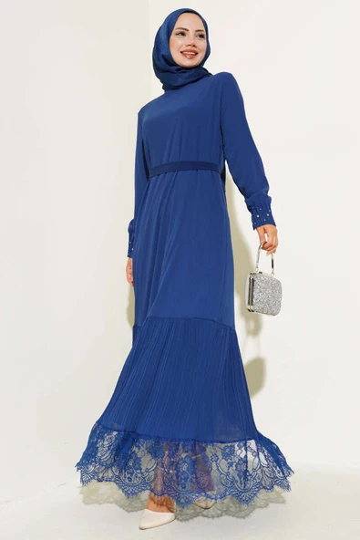 Etek Ucu Dantelli Elbise Lacivert ürün görseli 1