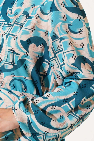 Karışık Desen Kuşaklı Elbise Petrol - Resim 4