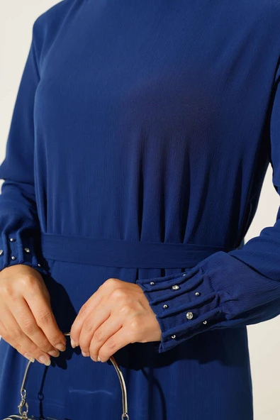 Etek Ucu Dantelli Elbise Lacivert - Resim 4