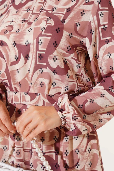 Karışık Desen Kuşaklı Elbise Taba - Resim 4