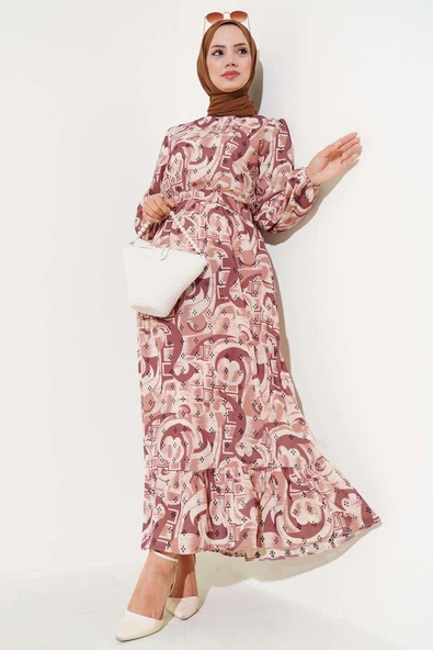 Karışık Desen Kuşaklı Elbise Taba ürün görseli 1