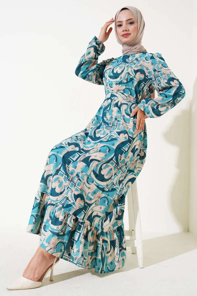 Karışık Desen Kuşaklı Elbise Petrol ürün görseli 1