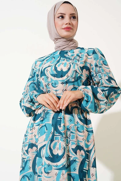 Karışık Desen Kuşaklı Elbise Petrol - Resim 2