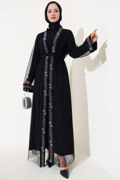 Taşlı Kuşaklı Abaya Siyah