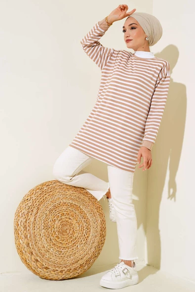 Viskon Yatay Çizgili Tunik Latte ürün görseli