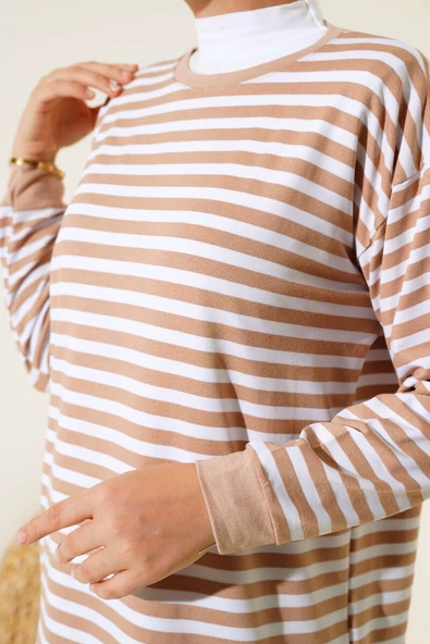 Viskon Yatay Çizgili Tunik Latte - Resim 4
