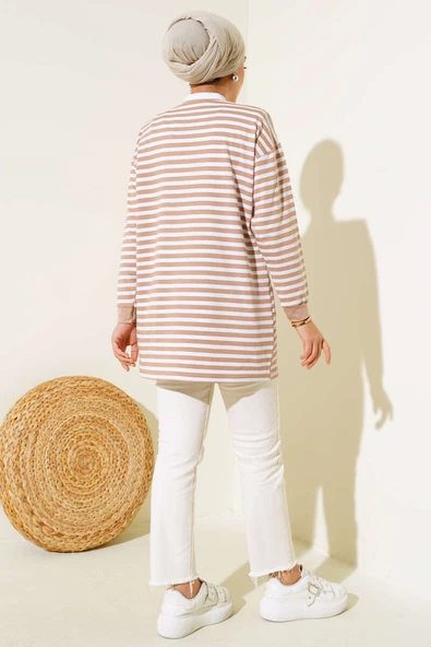 Viskon Yatay Çizgili Tunik Latte - Resim 3