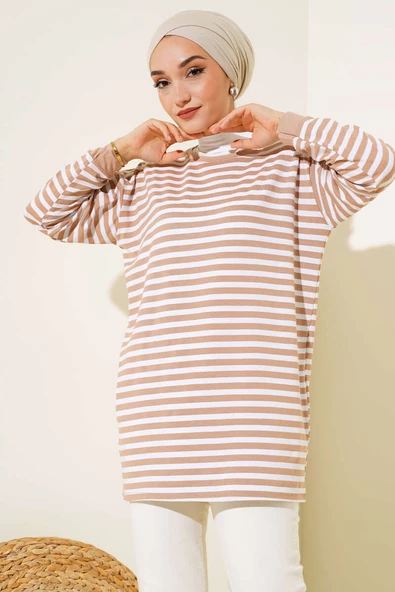 Viskon Yatay Çizgili Tunik Latte - Resim 2