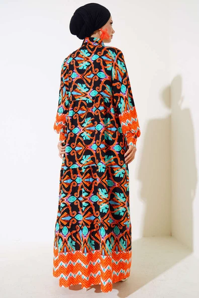 Boy Düğmeli Viskon Elbise Siyah Kiremit - Resim 3