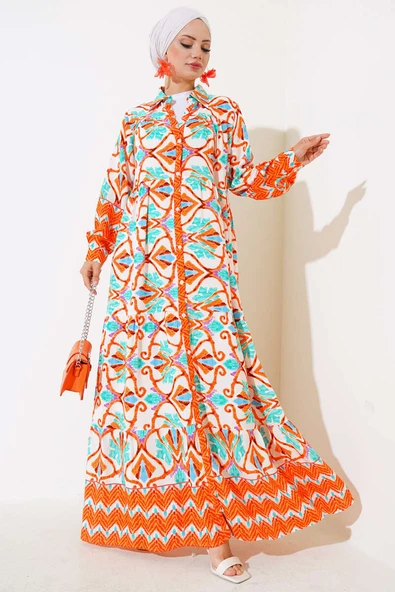 Boy Düğmeli Viskon Elbise Oranj Yeşil ürün görseli 1