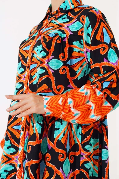 Boy Düğmeli Viskon Elbise Siyah Kiremit - Resim 4