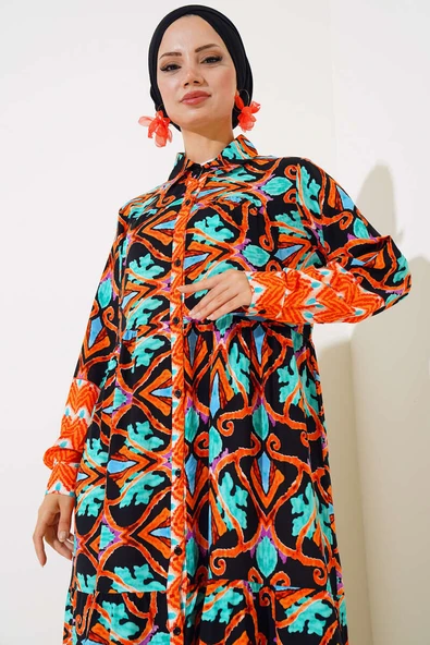 Boy Düğmeli Viskon Elbise Siyah Kiremit - Resim 2