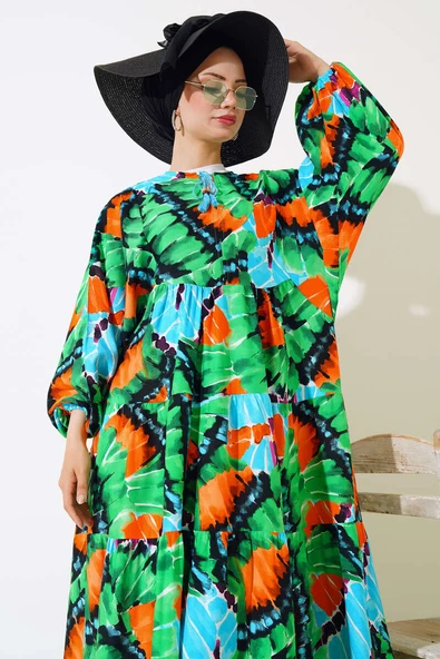 Yaka İpli Yarasa Kol Elbise Yeşil - Resim 2