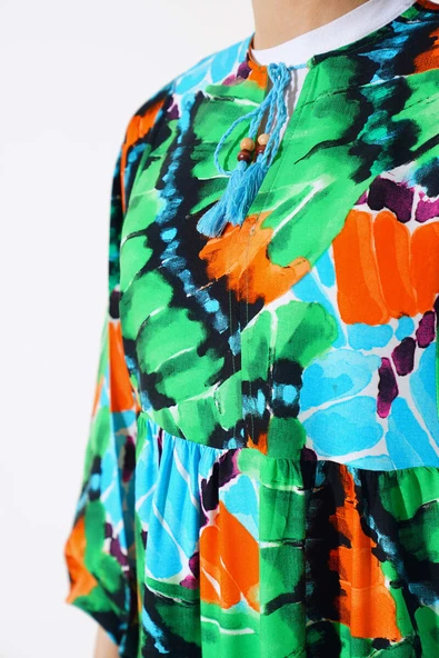 Yaka İpli Yarasa Kol Elbise Yeşil - Resim 4