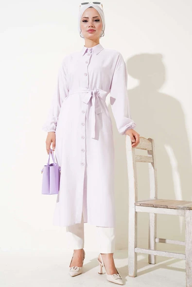İp Bağcıklı Önden Düğmeli Uzun Tunik Lila ürün görseli