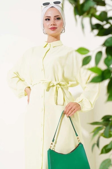 İp Bağcıklı Önden Düğmeli Uzun Tunik Lime - Resim 2